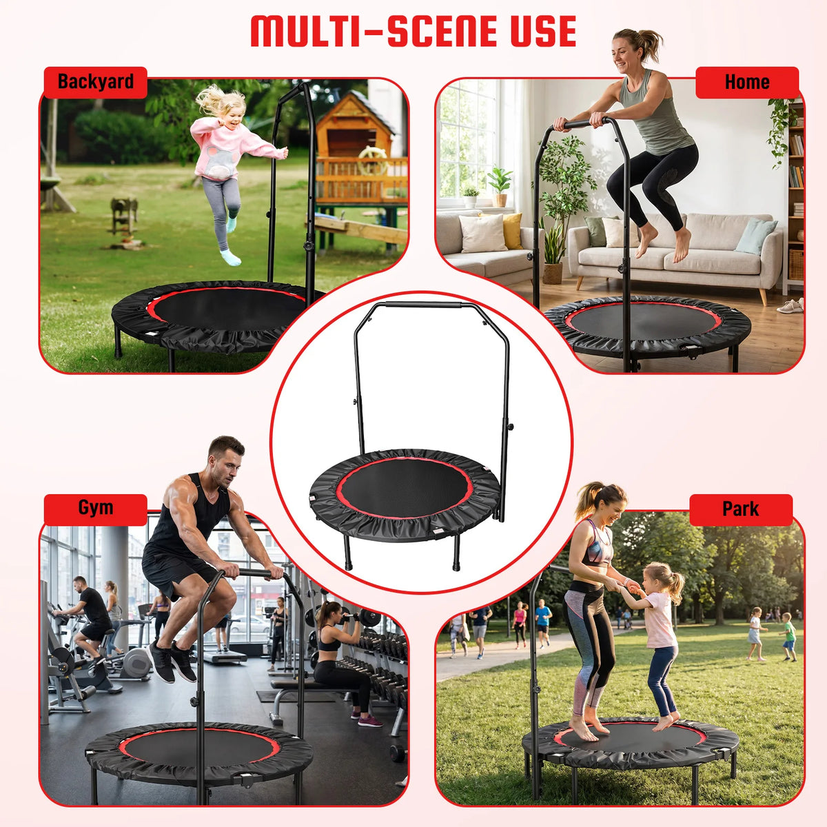 Folding Fitness Rebounder Trampoline With Support Handlebar for Cardio Workouts