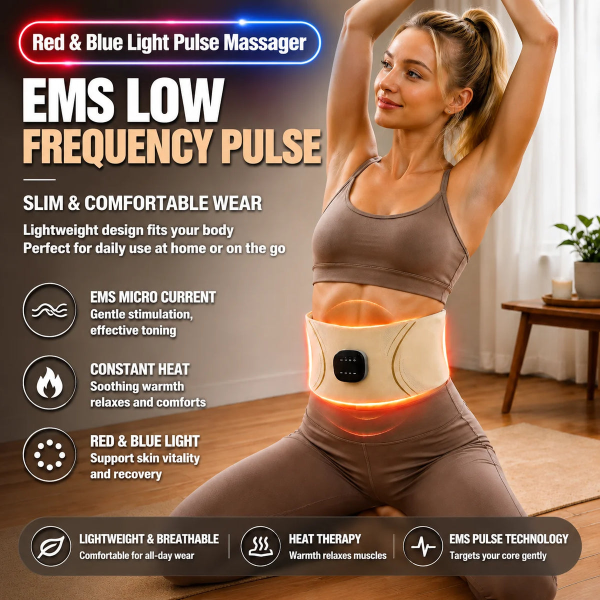 Jitesy Red Blue Light EMS Abdominal Muscle Stimulator Belt