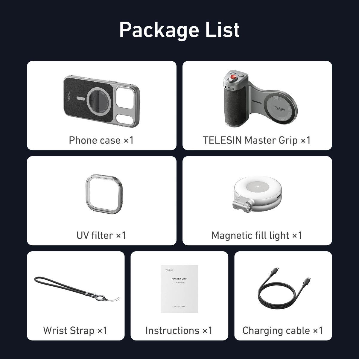 Telesin Master Grip Set With Magnetic Mount And 3200mah Wireless Charger