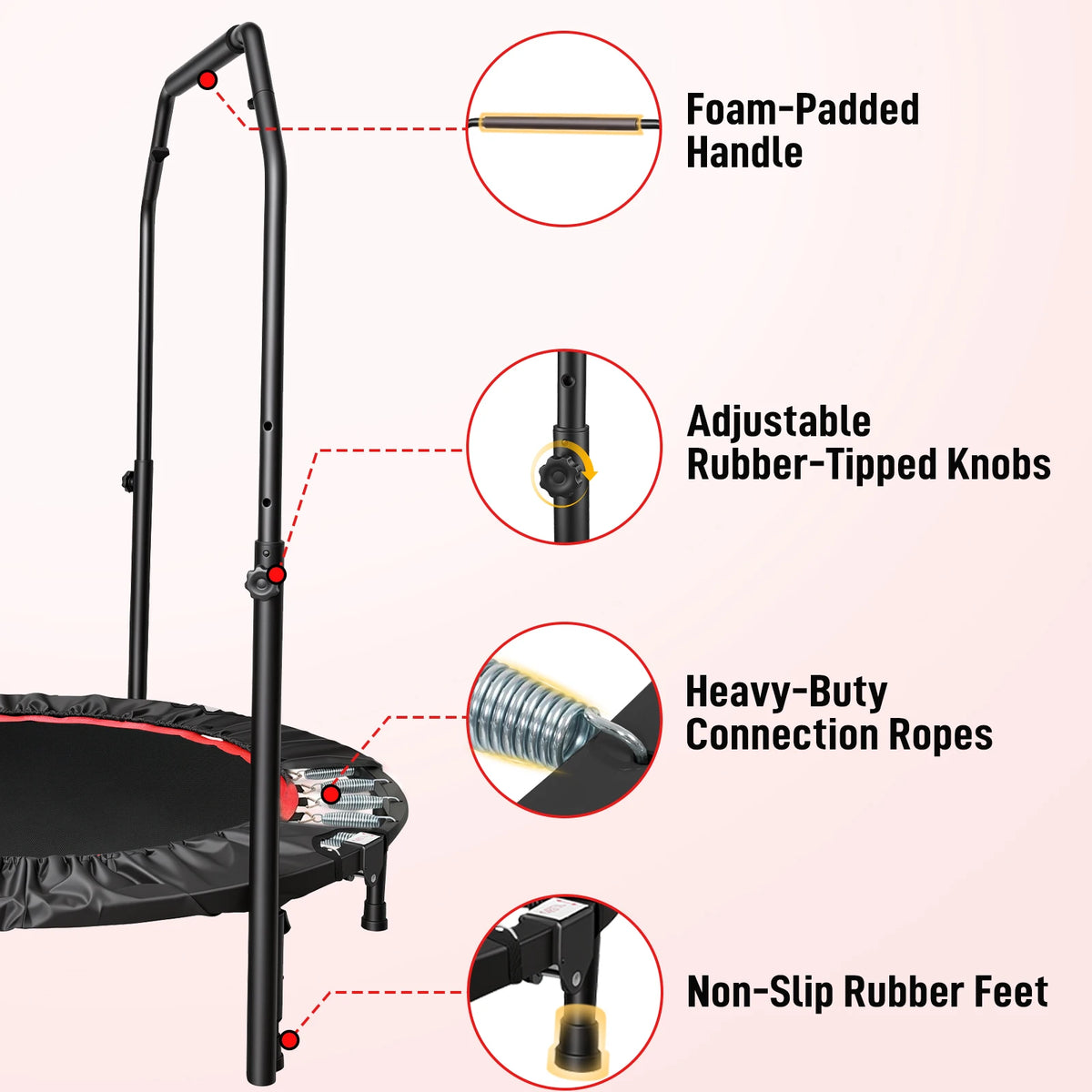 Folding Fitness Rebounder Trampoline With Support Handlebar for Cardio Workouts