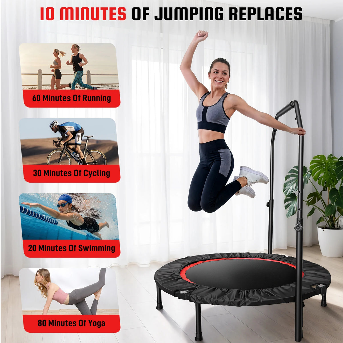 Folding Fitness Rebounder Trampoline With Support Handlebar for Cardio Workouts