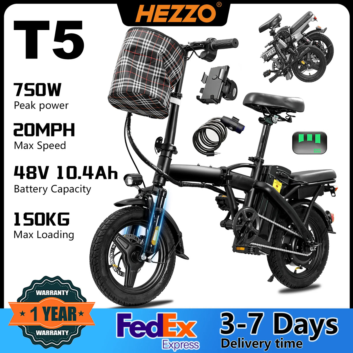 Hezzo 750W Peak Folding Electric Bike For Adult Commuters