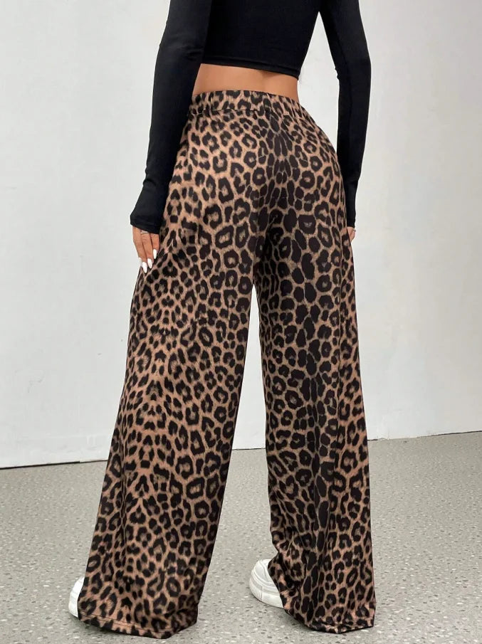 Women's Leopard Print Wide Leg Elastic Waist Casual Pants