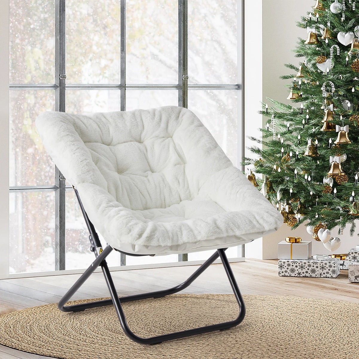 JHK Faux Fur Folding Saucer Chair With Padded Metal Frame