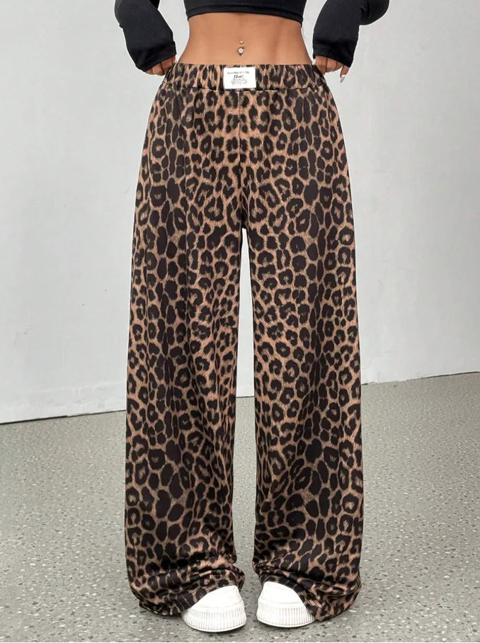 Women's Leopard Print Wide Leg Elastic Waist Casual Pants