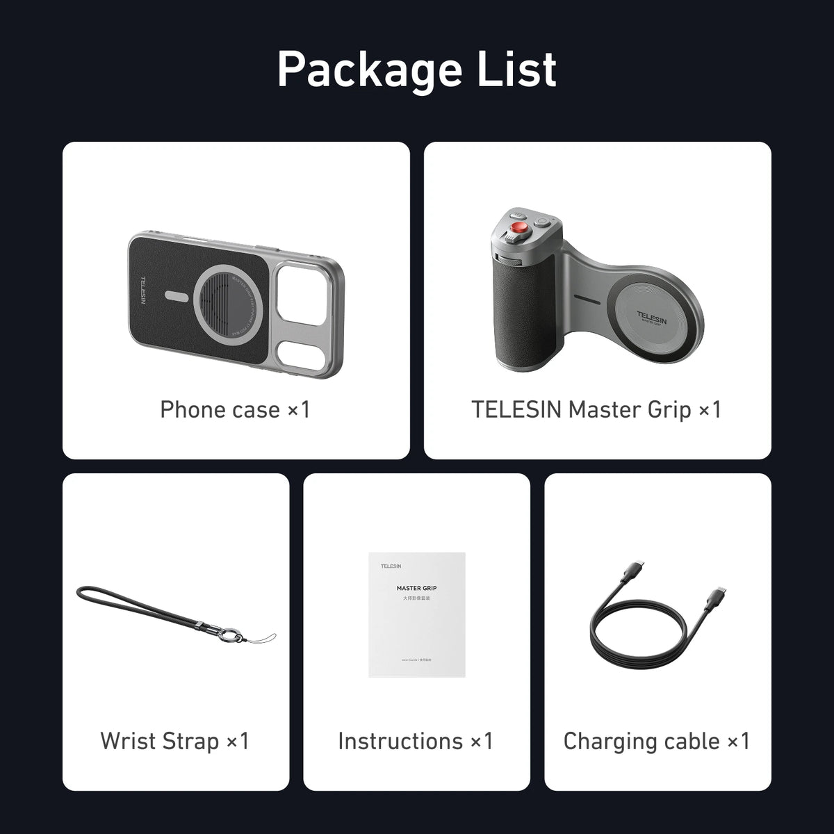 Telesin Master Grip Set With Magnetic Mount And 3200mah Wireless Charger