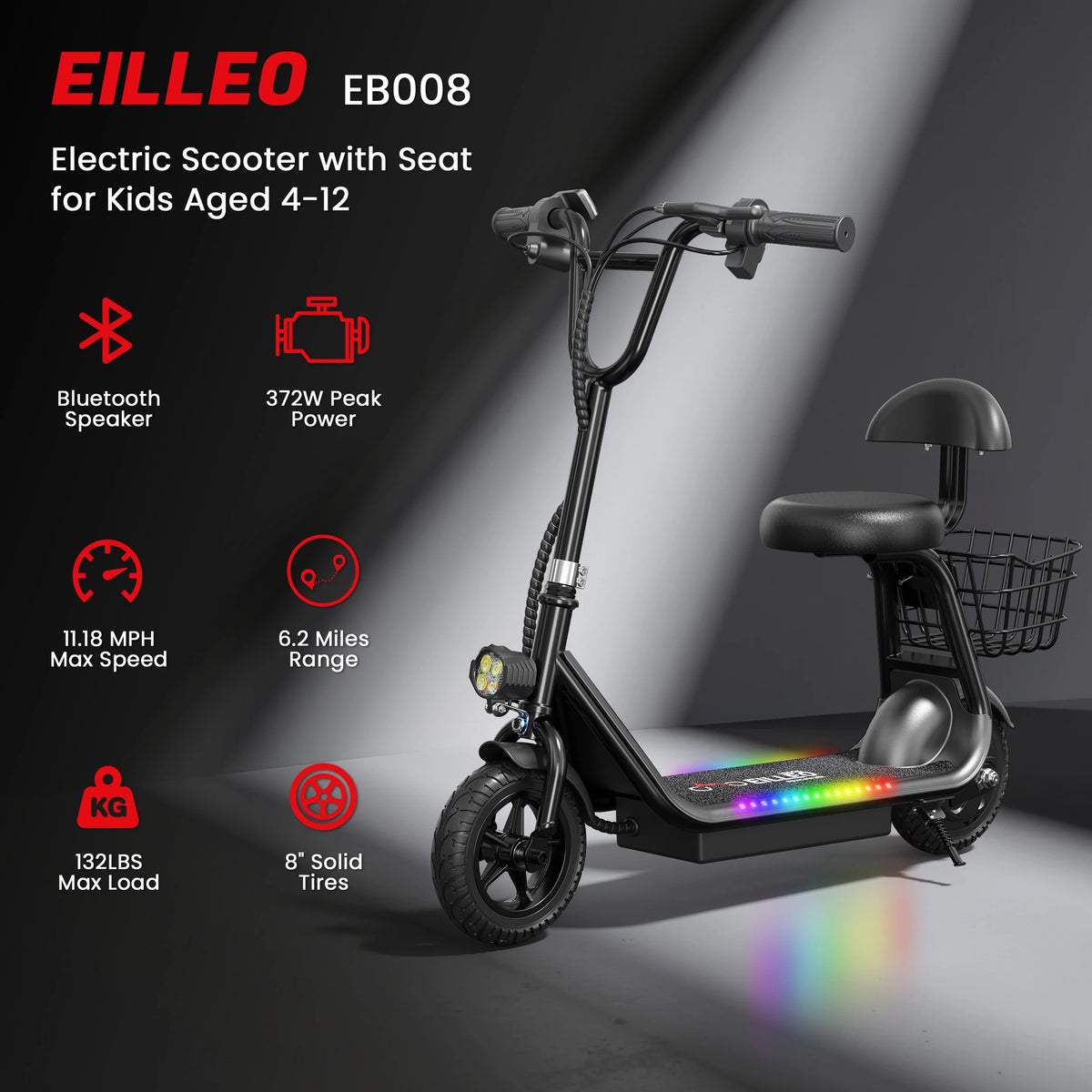 Eilleo Spacewalk Kids Electric Scooter Bluetooth Speaker Foldable Seat