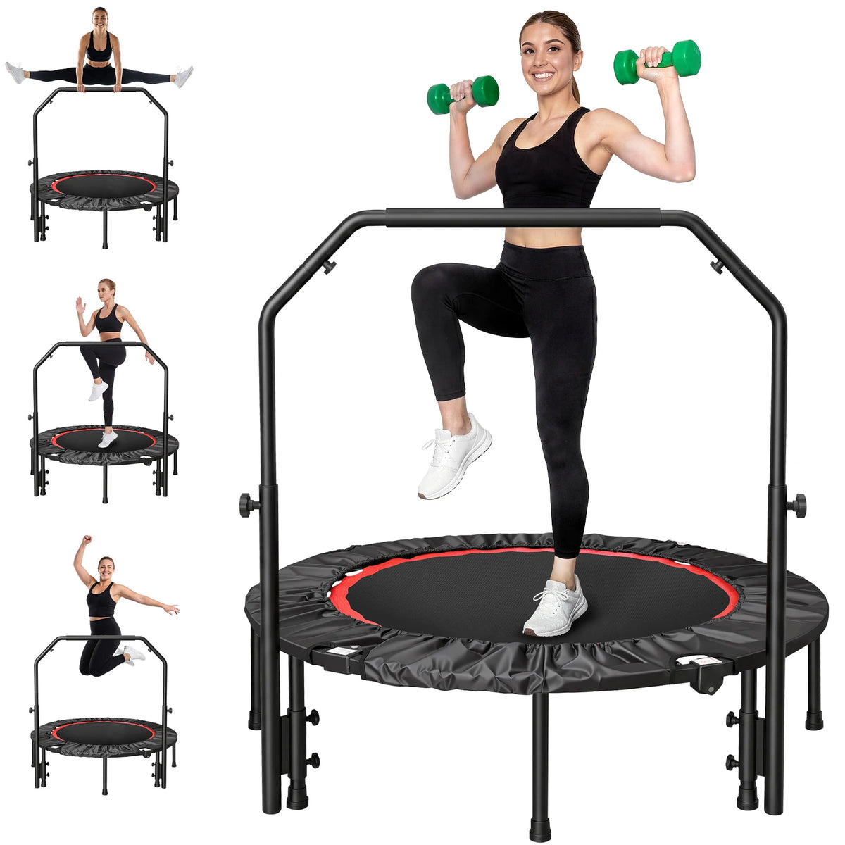 Folding Fitness Rebounder Trampoline With Support Handlebar for Cardio Workouts