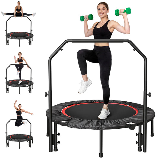 Folding Fitness Rebounder Trampoline With Support Handlebar for Cardio Workouts