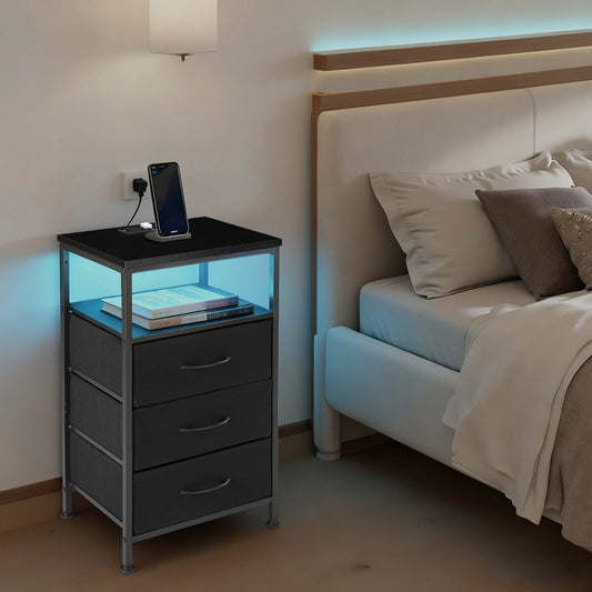 JHK Fabric Drawer Nightstand With Charging Station And USB Ports