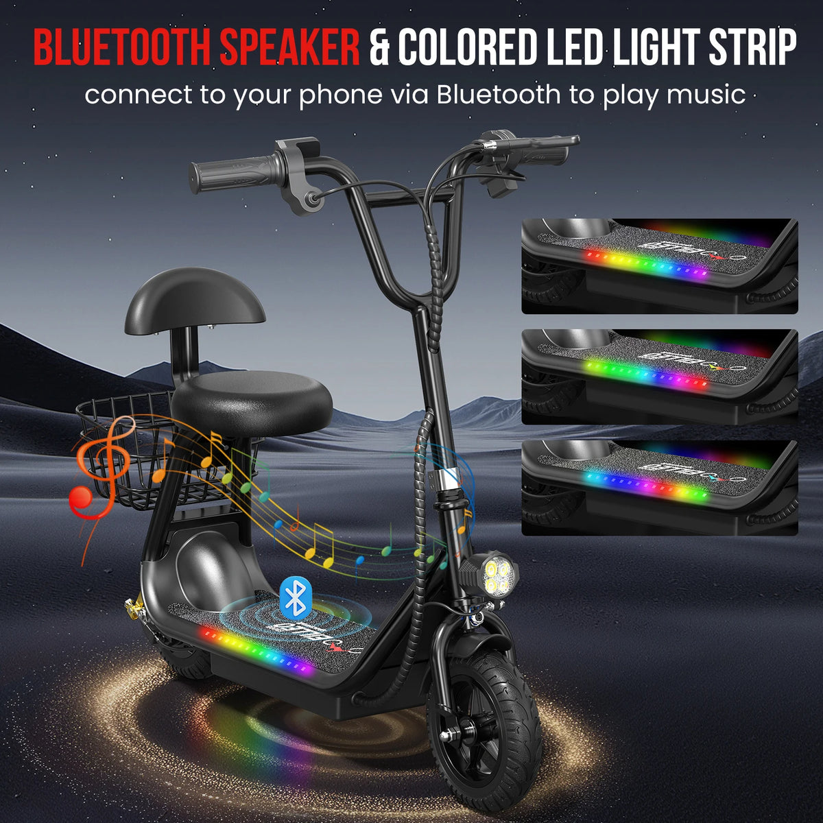 Eilleo Spacewalk Kids Electric Scooter Bluetooth Speaker Foldable Seat