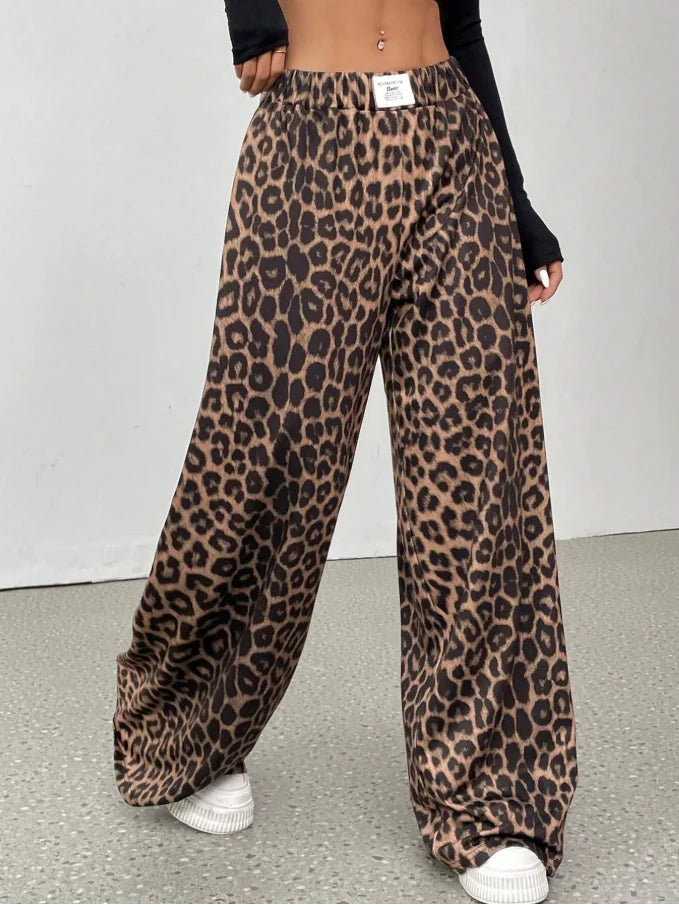 Women's Leopard Print Wide Leg Elastic Waist Casual Pants