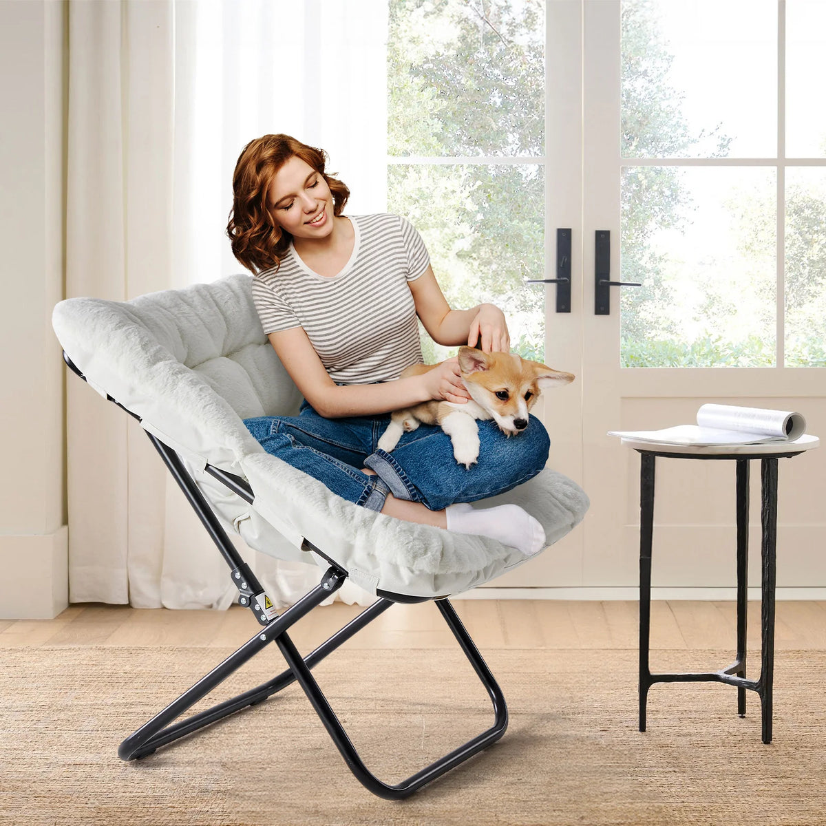 JHK Faux Fur Folding Saucer Chair With Padded Metal Frame