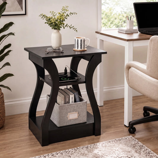 JHK Curved End Table With Charging Station And Storage Shelves