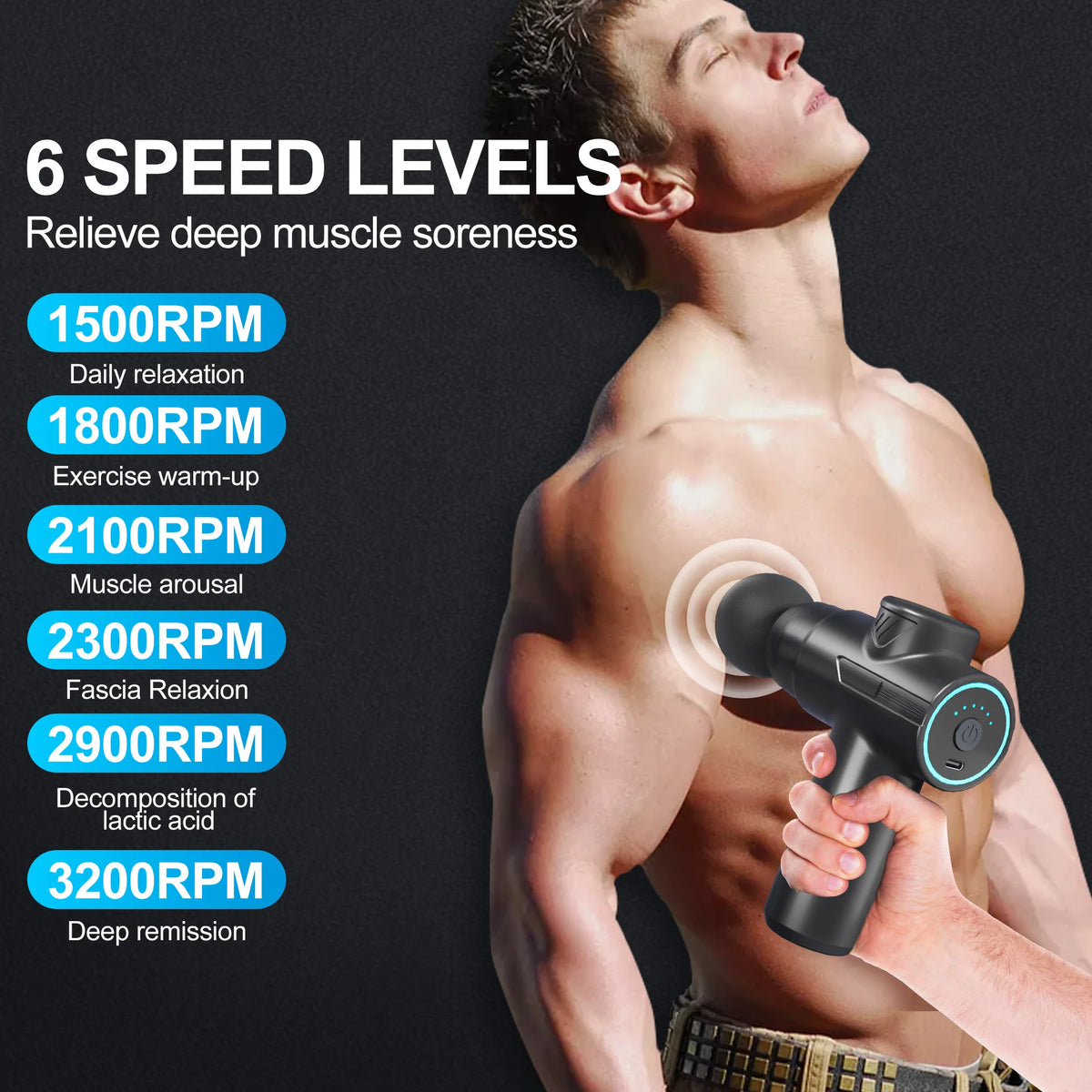 Leerccon Portable Deep Tissue Massage Gun Six Speeds Four Heads