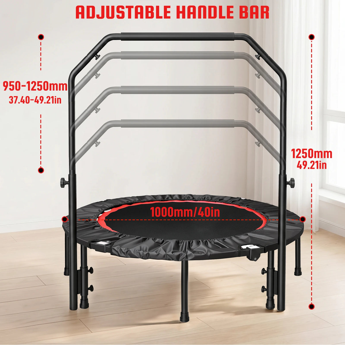 Folding Fitness Rebounder Trampoline With Support Handlebar for Cardio Workouts