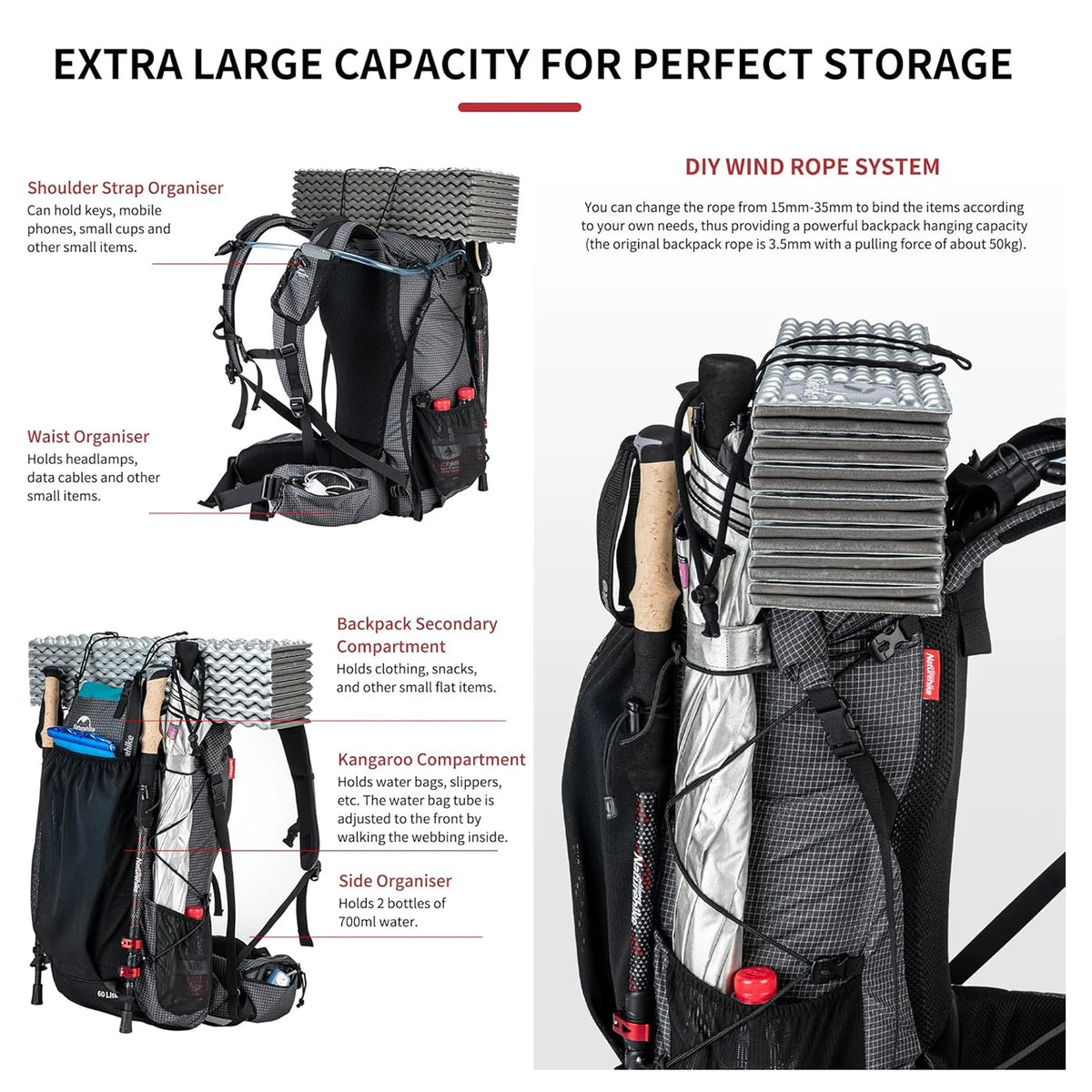 Naturehike Nylon Travel Hiking Backpack with Rain Cover