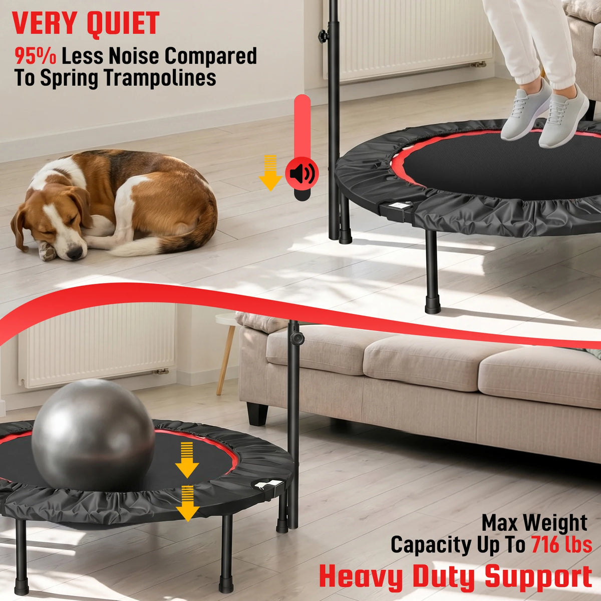 Folding Fitness Rebounder Trampoline With Support Handlebar for Cardio Workouts