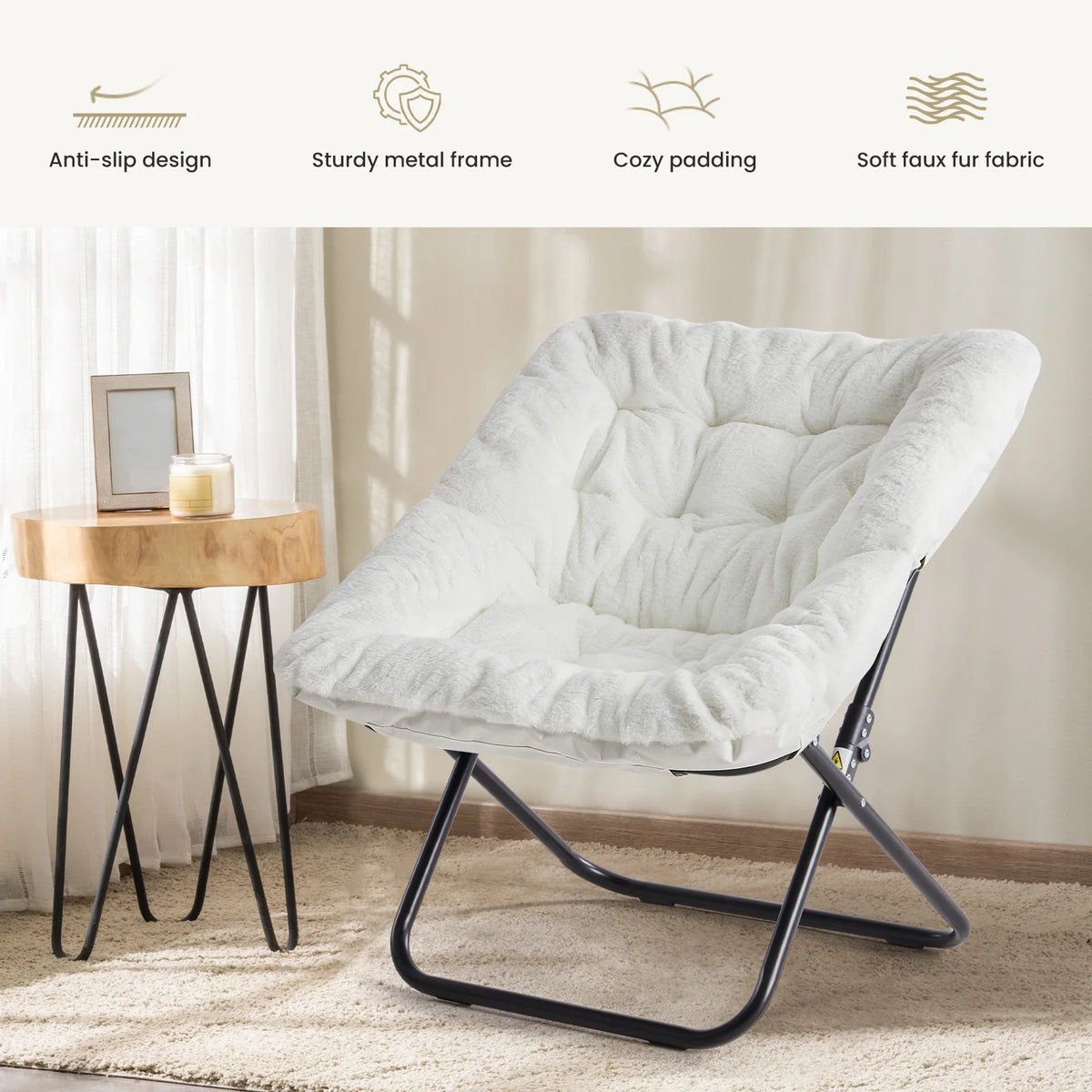 JHK Faux Fur Folding Saucer Chair With Padded Metal Frame